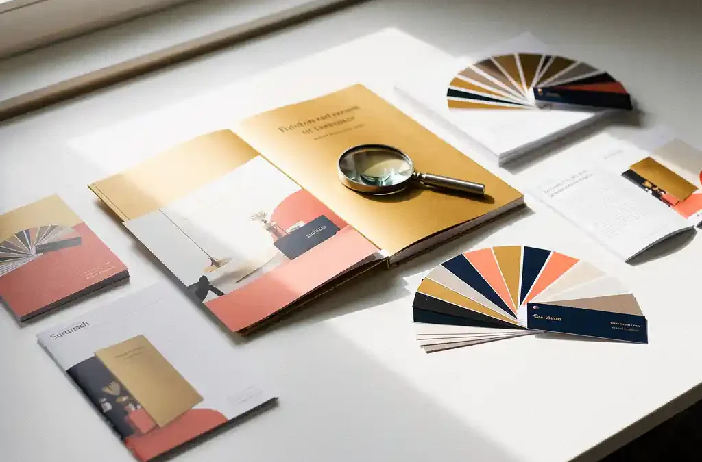 Flat-lay van seizoensgebonden drukwerk, gevouwen brochures en kleurstalen op wit bureau in Amsterdam-studio, met loupe op papier.