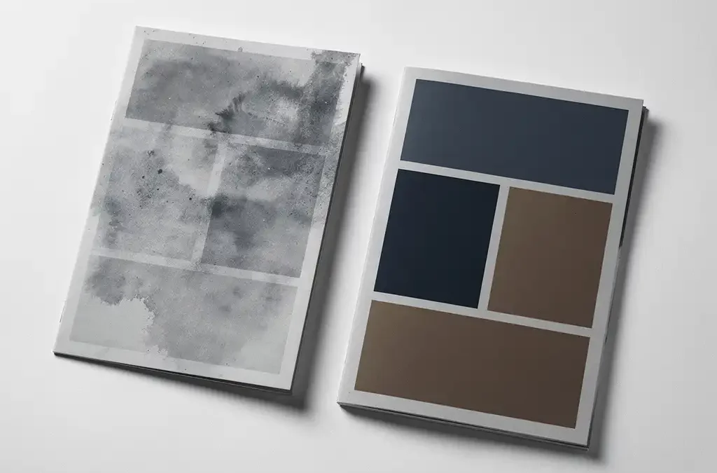 Twee brochures naast elkaar: één met vage kleuren en verschoven tekst, één met scherpe druk op wit oppervlak.