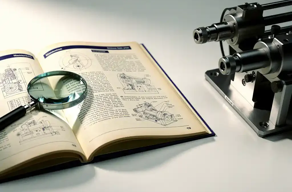 Open technische handleiding op wit bureau, omringd door een mechanisch product en vergrootglas, met scherpe diagrammen en warme ivoor- en marineblauw tinten.