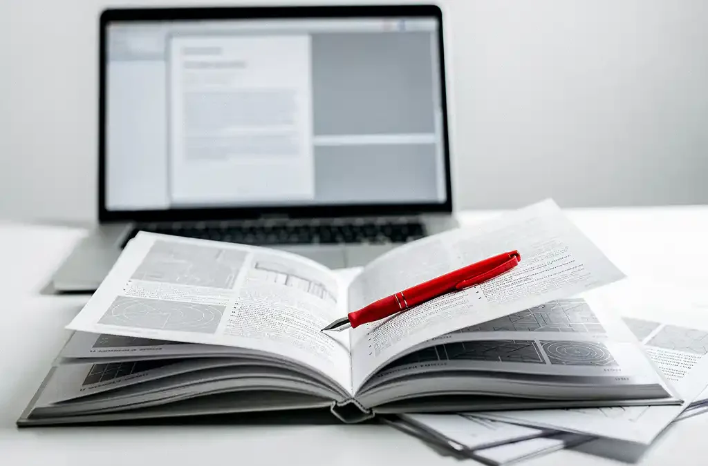 Opengeslagen technische handleidingen op wit bureau met rode correctiepen, herziene pagina's en laptop op de achtergrond.