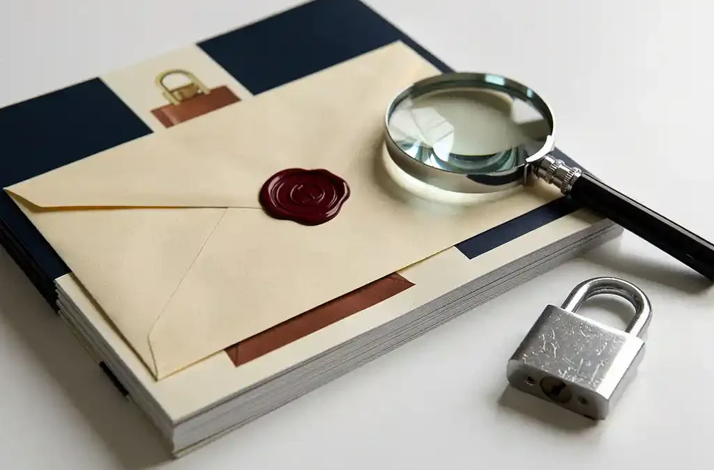 Verzegelde manila envelop met rood lakzegel op stapel productbrochures, vergezeld van vergrootglas en hangslot op wit bureau.