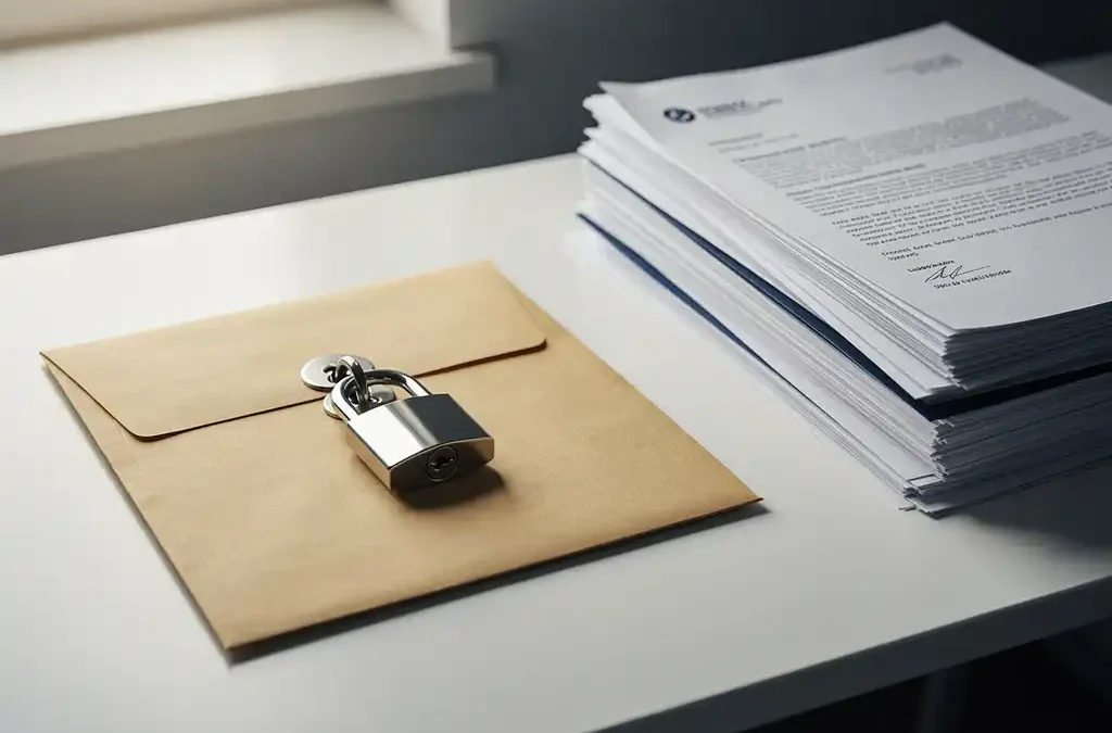 Verzegelde manila envelop met metalen slot op wit bureau naast meertalige documenten, zachte natuurlijke belichting.
