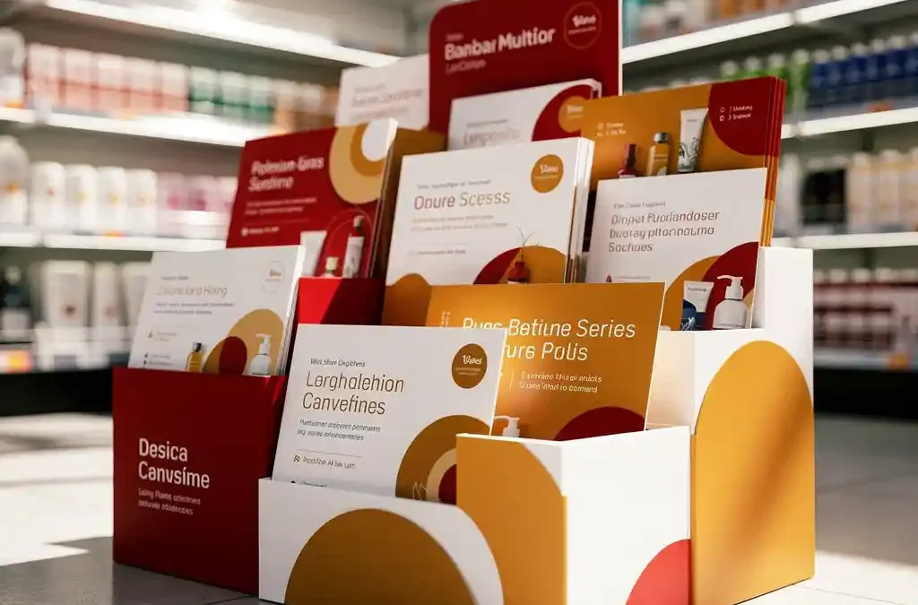 Kleurrijke winkelstandaard met meertalige productkaarten in rood, wit en amber in een moderne winkelgang.